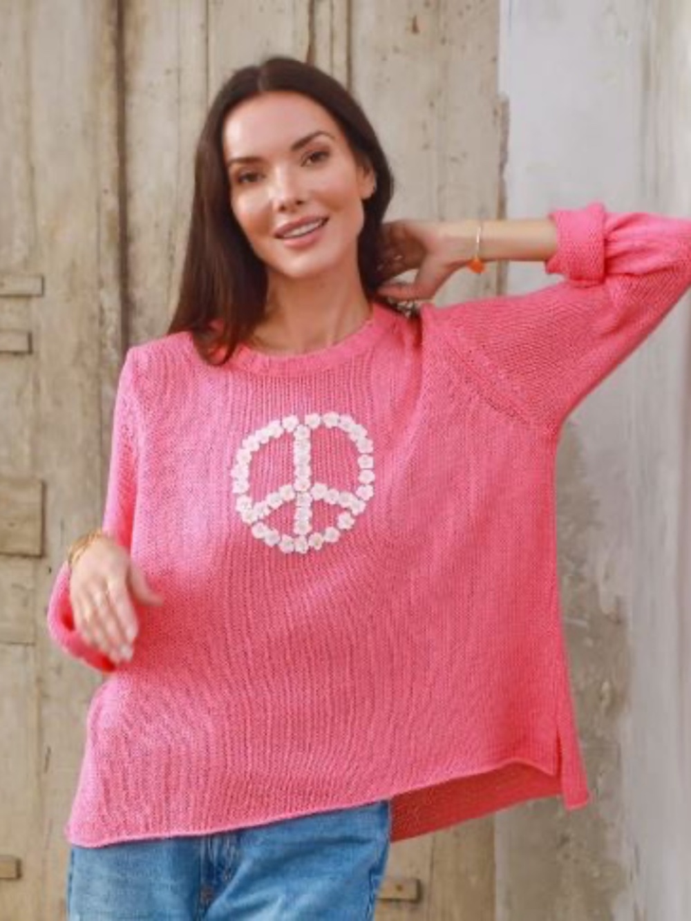 Wooden Ships Daisy Peace Crew Cotton knit sweater in Cherry/Pastille M/L NWT